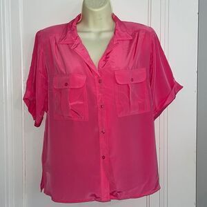 Vtg 80s/90s La Blouse bright pink‎ polyester short sleeve button down shirt